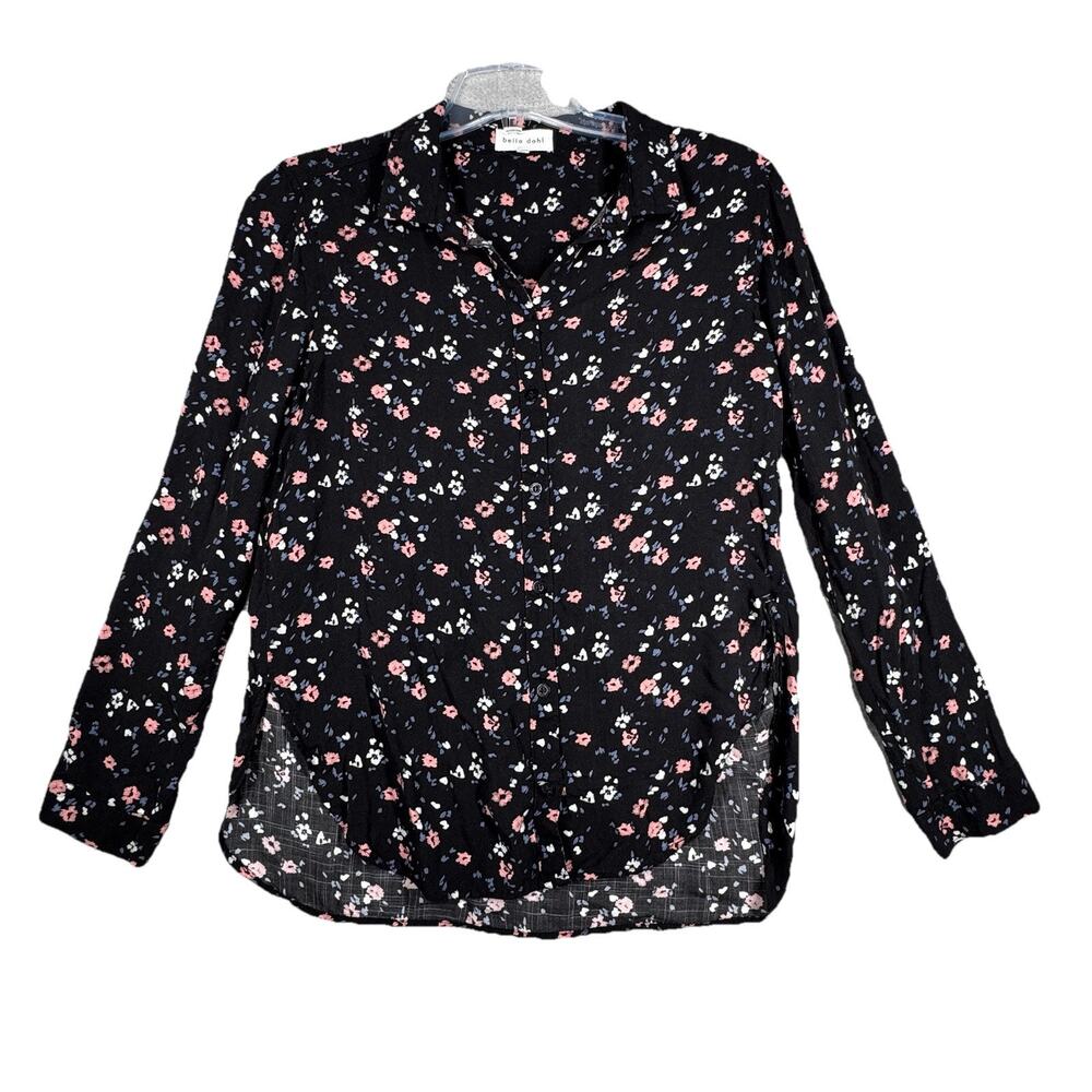 Bella Dahl Shirt Womens Medium Black Pink Dark Floral Flowers Button Up Cottage